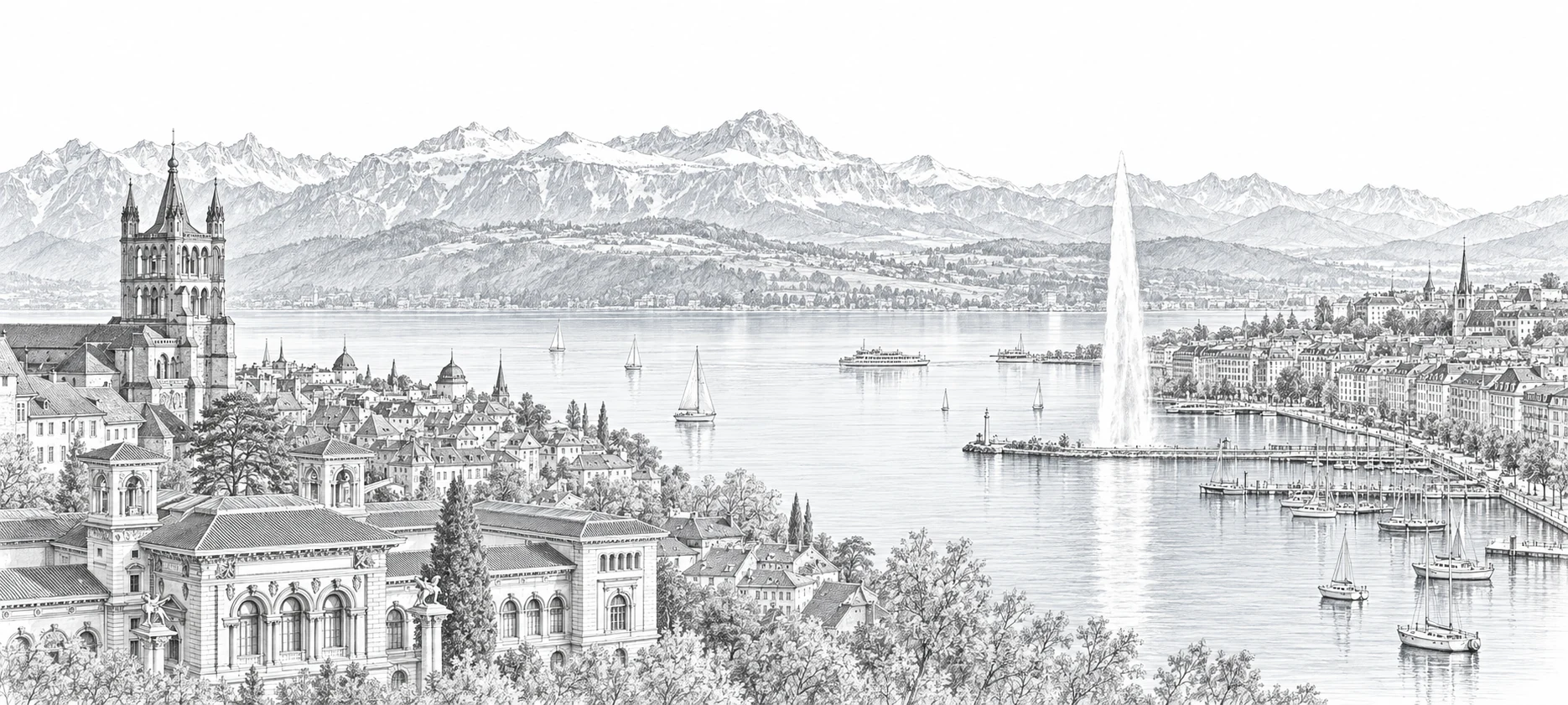 Croquis de Lausanne et Genève, de la cathédrale au Jet d’eau sur les rives du Léman.